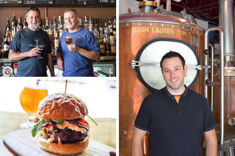 Twain's Brewpub and Billiards owners Uri and Ethan Wurtzel; new head brewer Mike Castagno, and a delicious burger. (photos courtesy Twain's) 