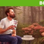 Ai art of a man drinking a soda in a field of giant mushrooms