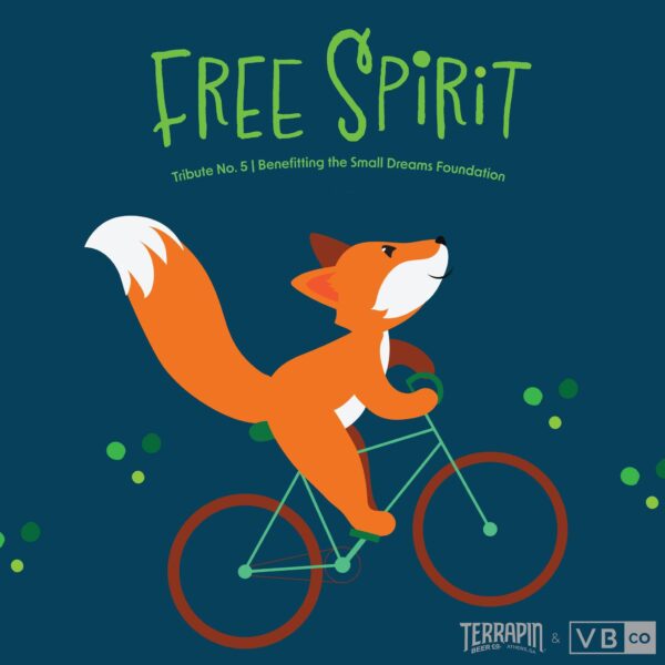 Beer label for Free Spirit collaboration brew with a blue background and a cartoon fox on a bicycle. This 5th version of the beer is an Italian Pilsner brewed by Terrapin Beer Co. and Variant Brewing and benefits the Small Dreams Foundation.
